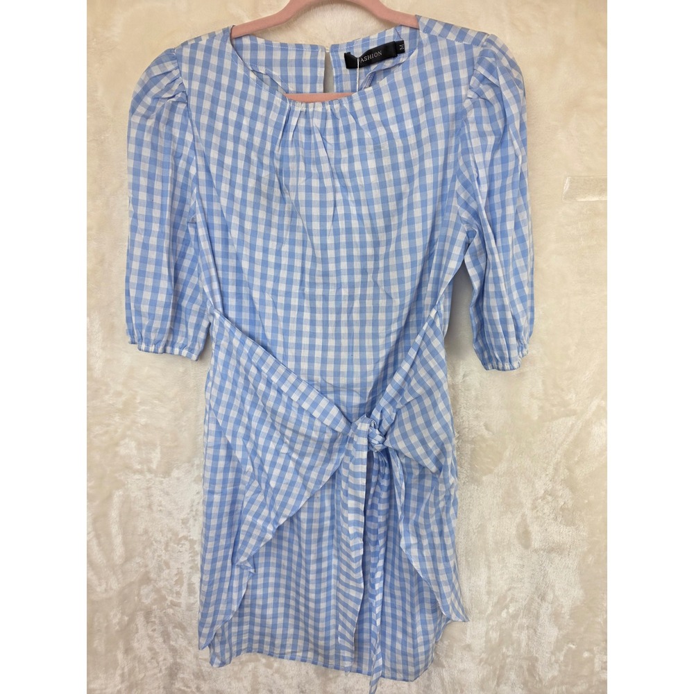 Fashion Gingham‎ Puff Sleeve Wrap Tie Mini Dress Blue White Womens Medium NEW